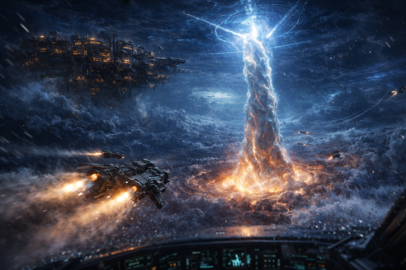 BLUESPIRE operation: Spire Skimmers racing toward the column as fusion pulses detonate below, Poena Station in background